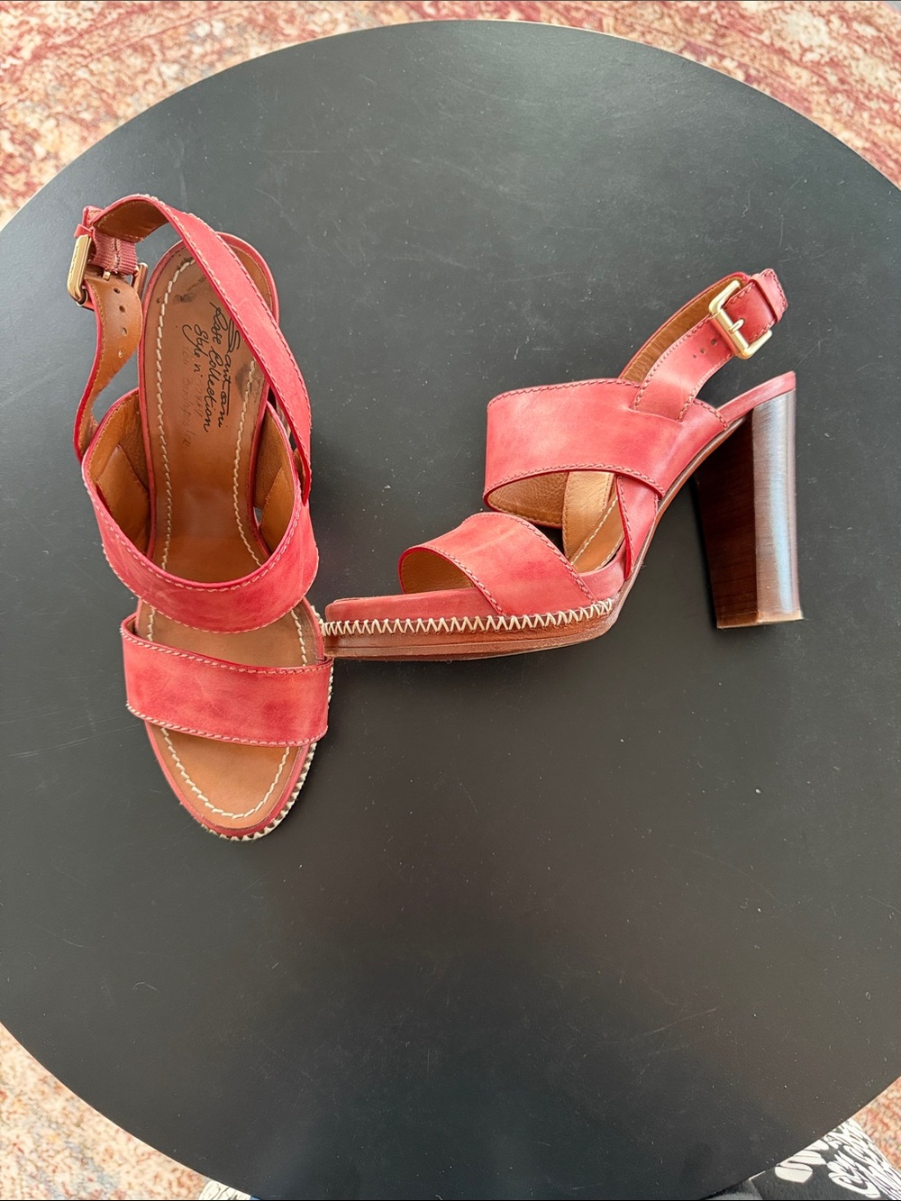 Santoni Rose Collection Red Leather Block Heel Sandals
